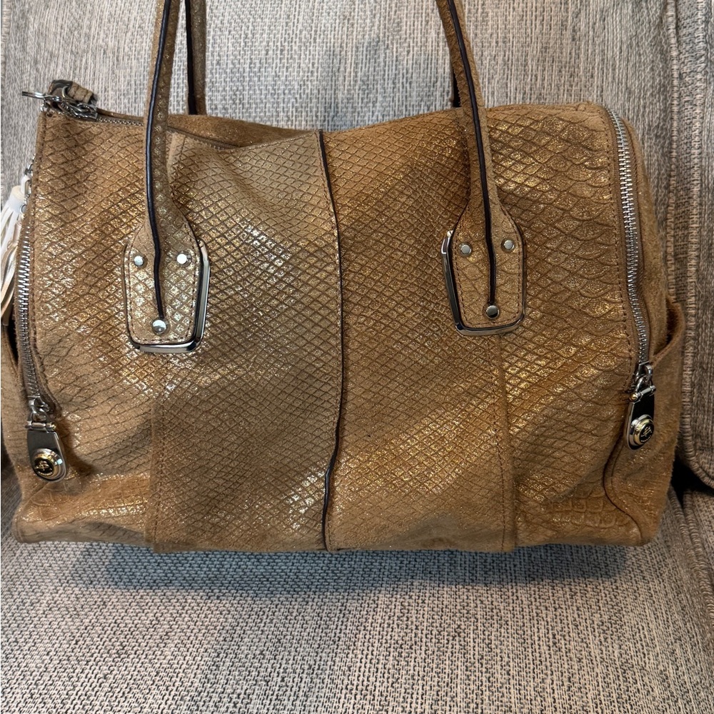 B. Makowsky Brown Leather Satchel with Snakeskin Texture